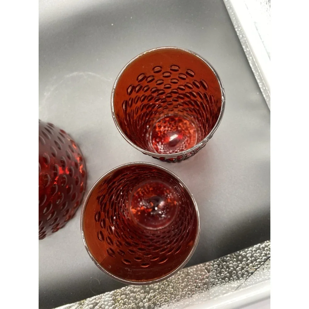 Vintage Ruby Red Hobnail Glass Pitcher and‎ 2 Tumbler Set Mid Century